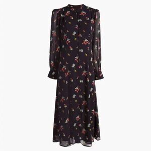 Hill House Cindra Dress Button Front Midi Sheer Sleeve Size XL Black Ikat Floral